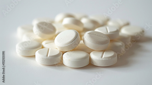 Pile of white round tablets, close-up of medical pills on a clean white background, healthcare and pharmaceutical concept photo