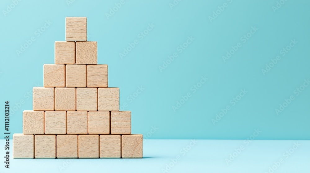 business scaling concept. Wooden blocks arranged in a pyramid shape against a blue background. business scaling concept. Wooden blocks arranged in a pyramid shape against a blue background.