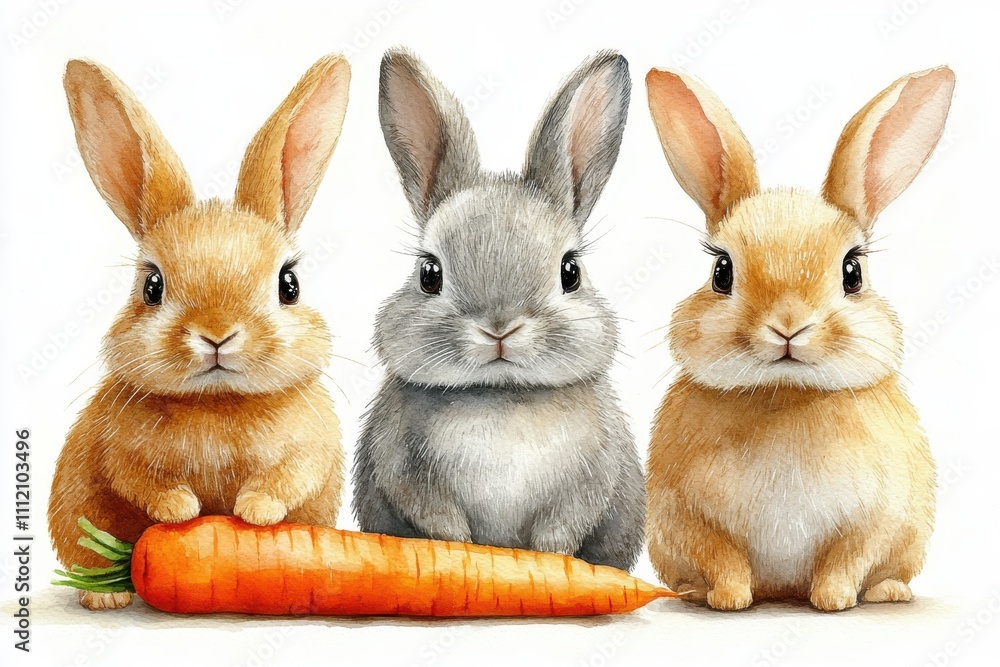 Three cute rabbits with a carrot, showcasing their playful nature. Three cute rabbits with a carrot, showcasing their playful nature.