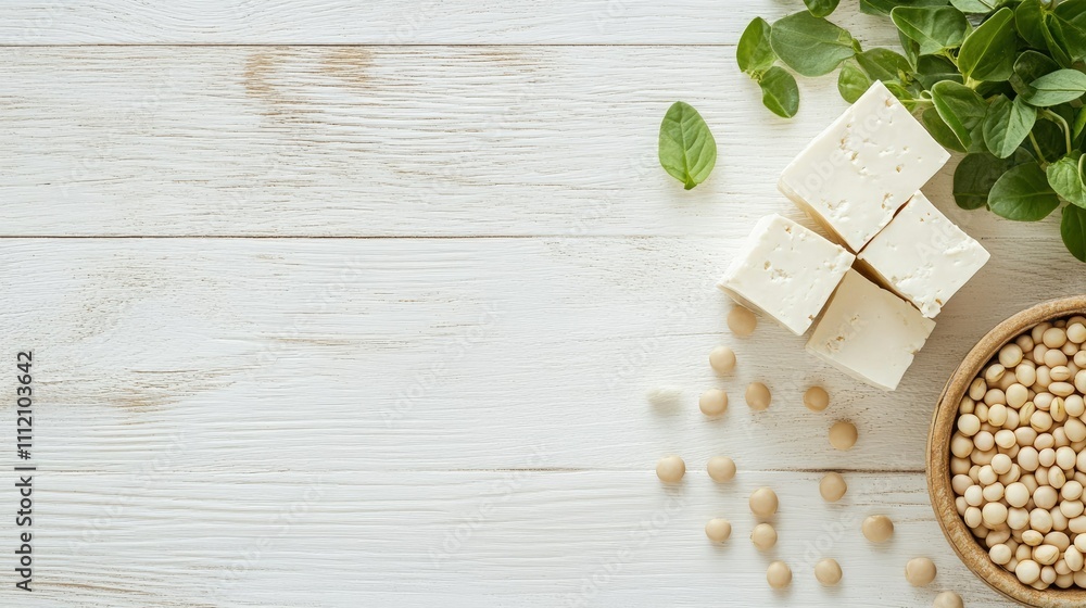 Fresh Soybean and Tofu on Wooden Table with Green Leaves Accents