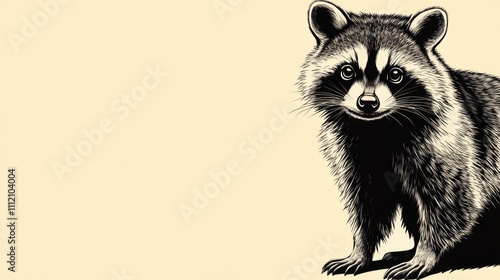 Raccoon illustration with detailed fur and curious expression on a beige background, AI photo