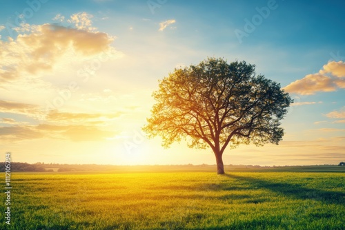 A solitary tree stands in an expansive field  silhouetted against a colorful sunset sky  offering unbroken space for additional content. Generative AI