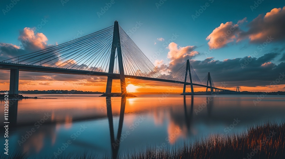 Majestic cable-stayed bridge spans tranquil river at sunset. Majestic cable-stayed bridge spans tranquil river at sunset.