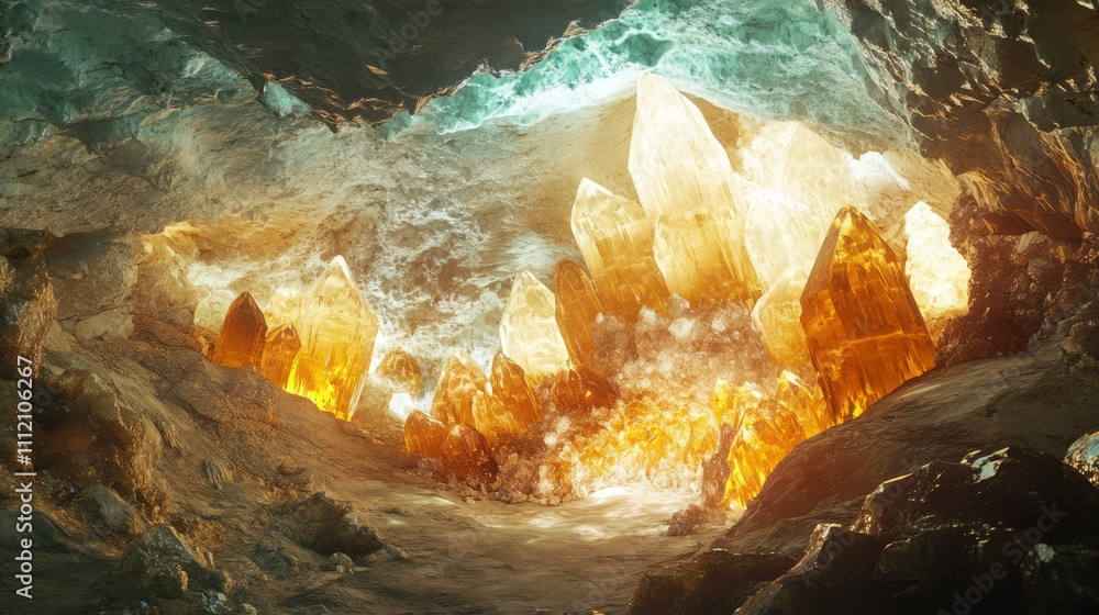 Glowing amber crystals in a cavern. Glowing amber crystals in a cavern.