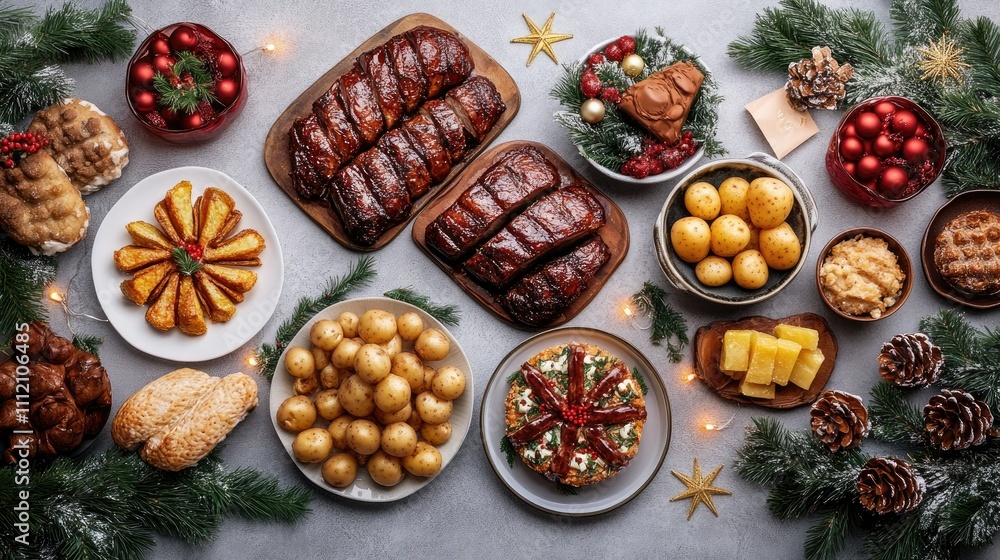 Festive Holiday Feast Table with Rich Dishes and Decorations Festive Holiday Feast Table with Rich Dishes and Decorations