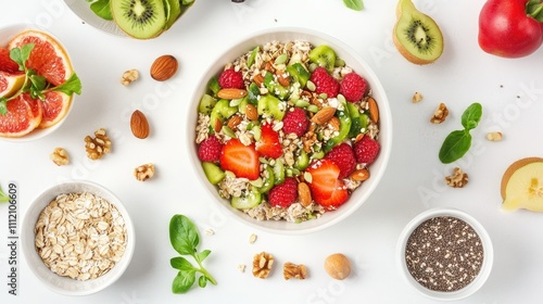 Fresh Fruit and Nut Salad in Bowl Surrounded by Healthy Ingredients