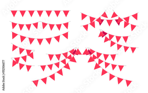 Garland with triangle red flags set. Decorative bunting background for party, holiday carnival, birthday celebration, festival decoration. Hanging flags. Vector illustration
