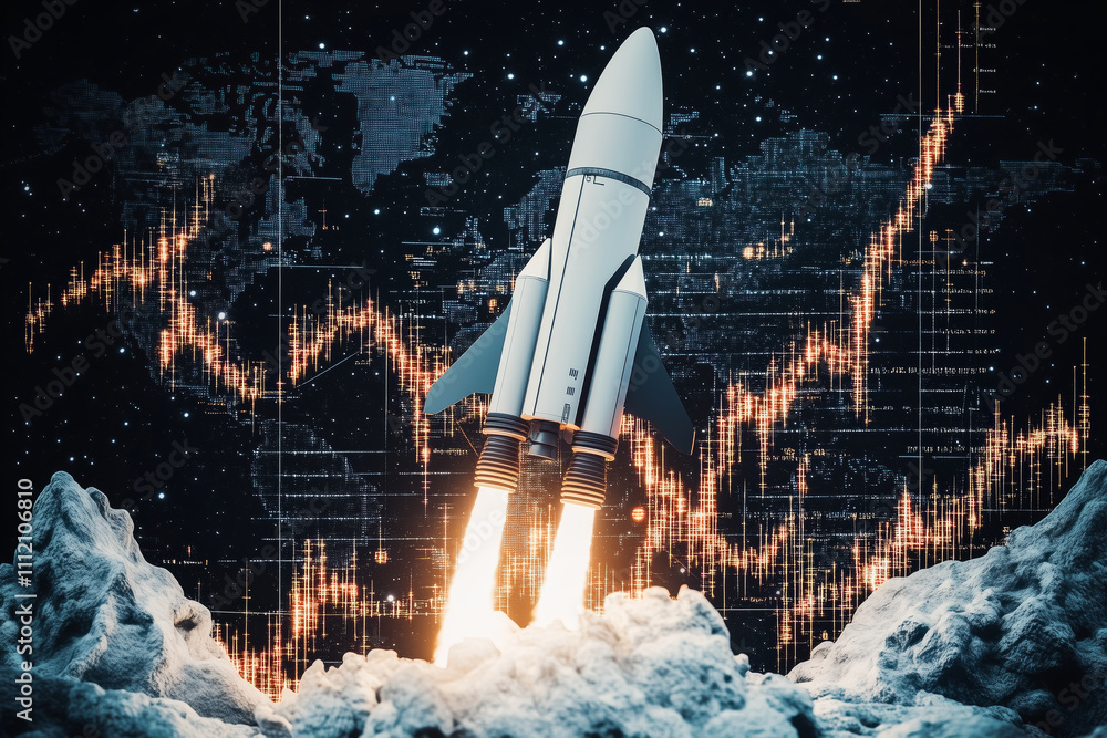 Naklejka premium Rocket launch on a futuristic landscape with data visualization in the background