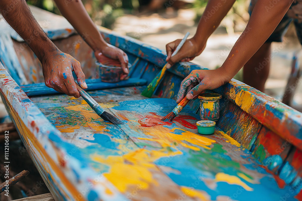 Playful moment of a couple painting together Playful moment of a couple painting together