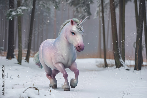A small unicorn runs through a snowy forest, surrounded by winter trees and sparkling snow, embodying magic, innocence, and the enchanting beauty of a frosty wonderland