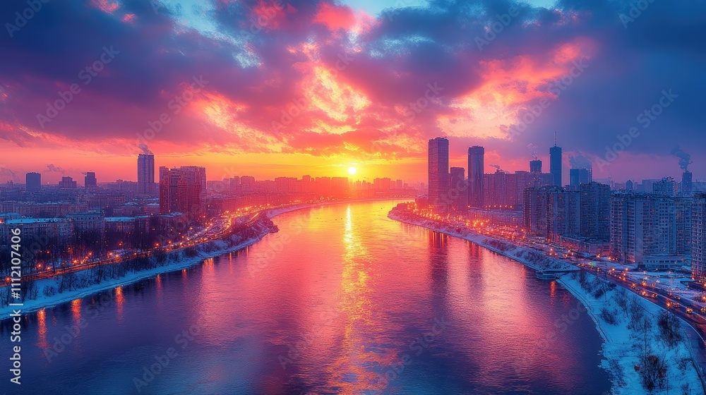 Fototapeta premium A vibrant sunset over a city skyline reflecting on a river, highlighting natural beauty and urban life.