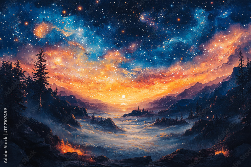 Fototapeta premium Starry Night Over Misty Mountain Valley Landscape