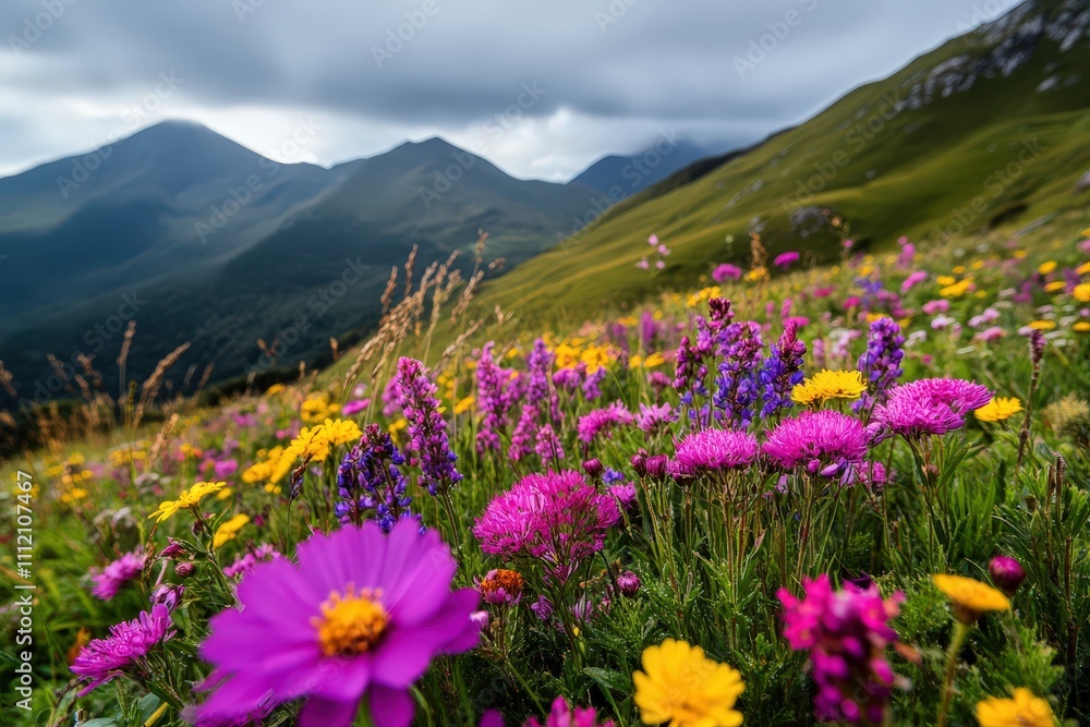 A stunning landscape featuring a vibrant mountain meadow filled with colorful wildflowers, capturing the serene beauty of nature and evoking feelings of tranquility and joy.