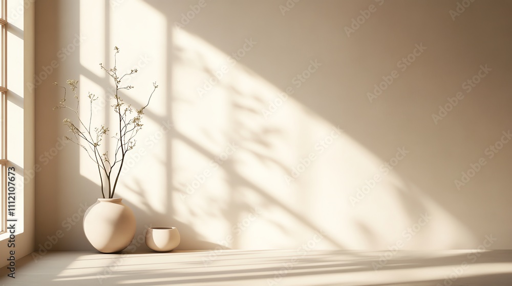A minimalist room with a large window, a vase with dried plants, and soft sunlight streaming in. A minimalist room with a large window, a vase with dried plants, and soft sunlight streaming in.