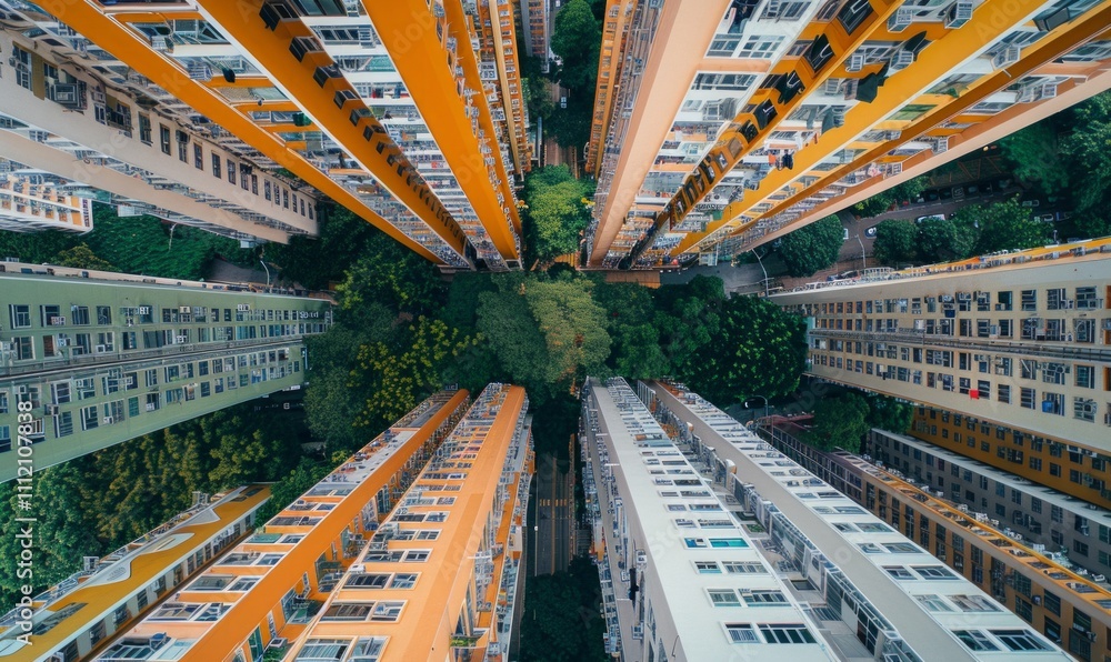 Aerial view of colorful high-rise buildings surrounding a green courtyard, showcasing urban architecture and design. Aerial view of colorful high-rise buildings surrounding a green courtyard, showcasing urban architecture and design.