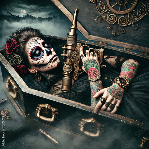 Katrina Kalavera lies in a coffin holding a steampunk weapon, surrounded by flowers and embodying the fusion of Mexican Day of the Dead traditions and steampunk aesthetics
