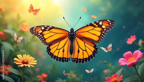 Monarch Butterfly Among Colorful Flowers In A Sunny Garden. Generator AI
