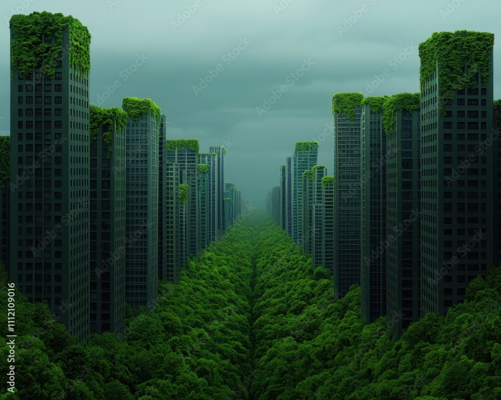 Fototapeta premium A lush, green cityscape where skyscrapers are overgrown with vegetation, blending urban life with nature in a serene and futuristic environment.