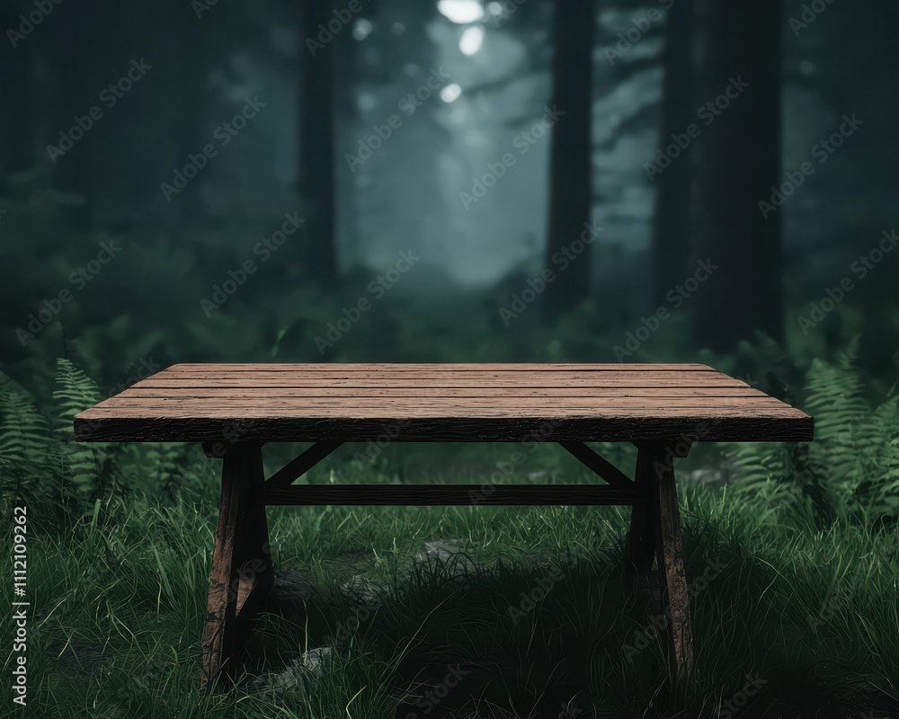 A rustic wooden table set in a misty forest, surrounded by lush greenery, creating a serene and tranquil atmosphere. A rustic wooden table set in a misty forest, surrounded by lush greenery, creating a serene and tranquil atmosphere.