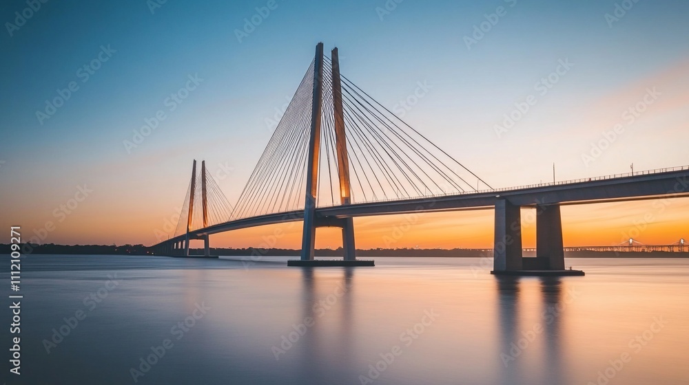 Sunrise over cable-stayed bridge reflecting in calm water. Sunrise over cable-stayed bridge reflecting in calm water.