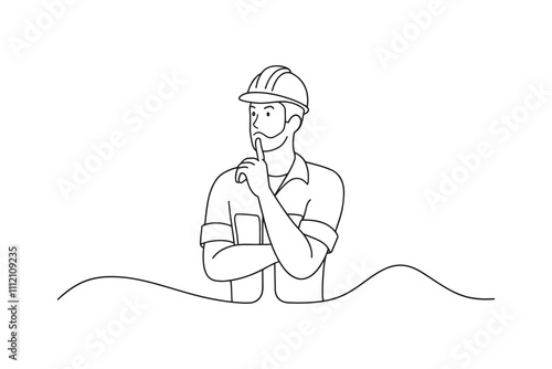 Construction site worker thinking Continuous line art flat vector illustration