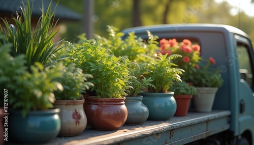 A truck loaded with vibrant potted plants, ready for garden supply logistics photo