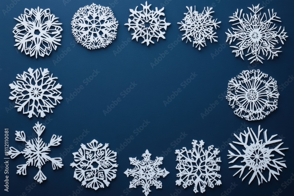 Delicate paper snowflakes are beautifully arranged on a dark surface, creating a charming backdrop with plenty of space for creative text. Generative AI Delicate paper snowflakes are beautifully arranged on a dark surface, creating a charming backdrop with plenty of space for creative text. Generative AI