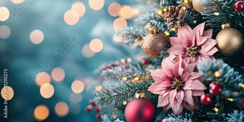 Festive Christmas tree adorned with pink poinsettias, red ornaments, and glowing lights

 photo