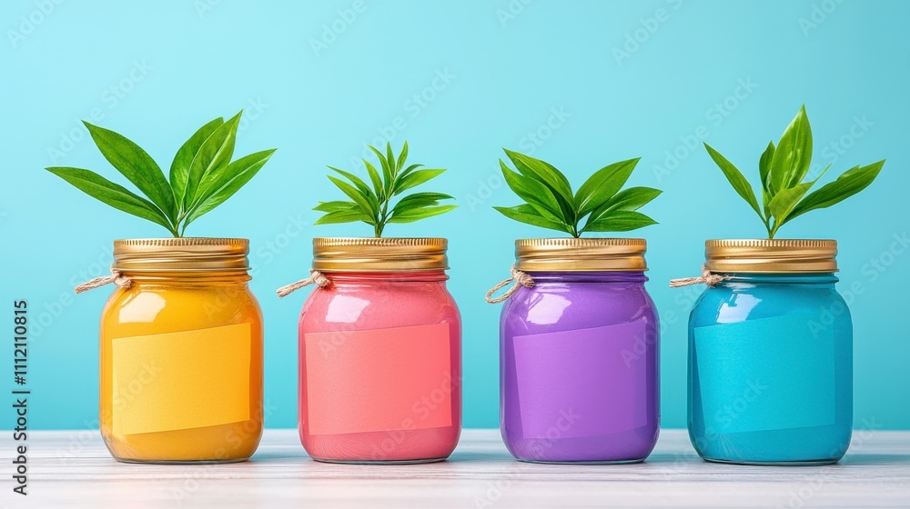Colorful jars with vibrant leaves sprouting from them, arranged in a row against a bright blue background, showcasing a fresh and creative aesthetic. Colorful jars with vibrant leaves sprouting from them, arranged in a row against a bright blue background, showcasing a fresh and creative aesthetic.