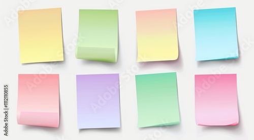 Colorful sticky notes isolated on a white background, in a vector illustration. A set of pastel colored blank post-it paper stickers with shadow effects