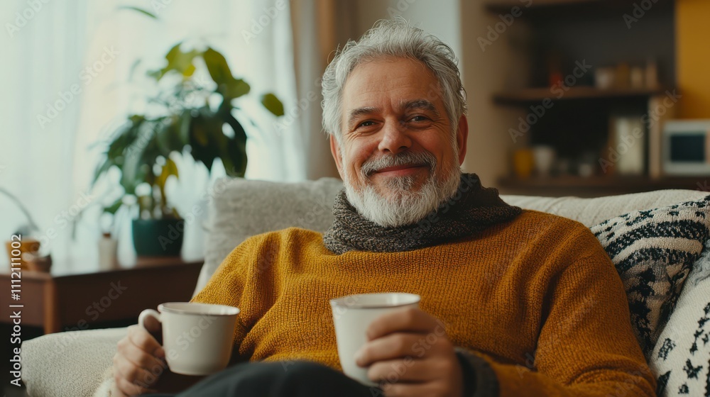 Happy middle aged man holding coffee cup relaxing on couch at home. Smiling mature older man drinking tea looking at camera sitting on cozy sofa chilling in modern kitchen living room. Portrait. Happy middle aged man holding coffee cup relaxing on couch at home. Smiling mature older man drinking tea looking at camera sitting on cozy sofa chilling in modern kitchen living room. Portrait.