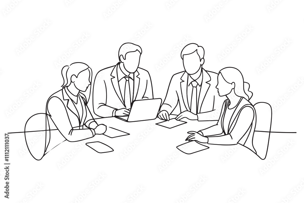 Group of business people in meeting working together with table Continuous line art flat vector illustration. Group of business people in meeting working together with table Continuous line art flat vector illustration.