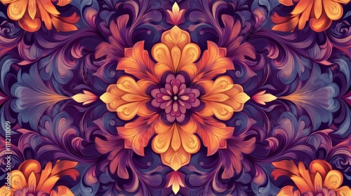 Colorful floral pattern with intricate designs in warm tones.