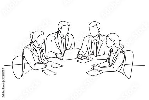 Group of business people in meeting working together with table Continuous line art flat vector illustration.