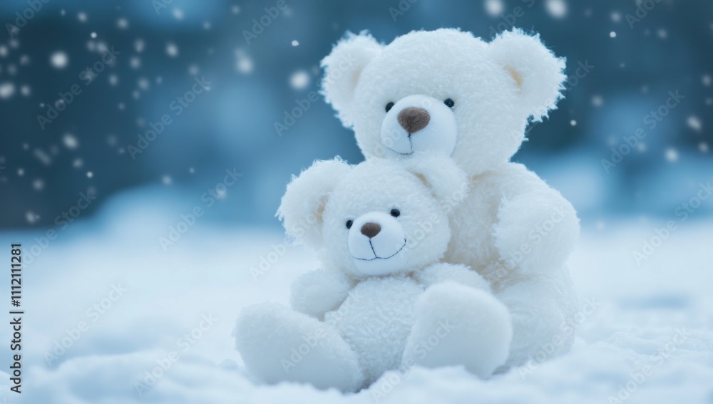 Cute White Bear Toy Hugging Another White Teddy Bear with Snow Background Cute White Bear Toy Hugging Another White Teddy Bear with Snow Background