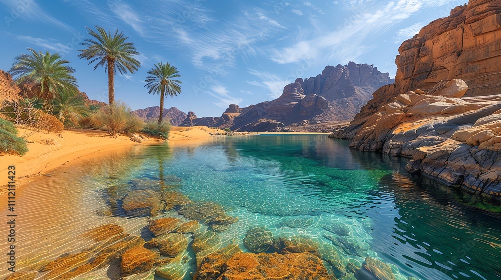 Obraz premium Oasis with palm trees, clear water, and rocky mountains under a blue sky.