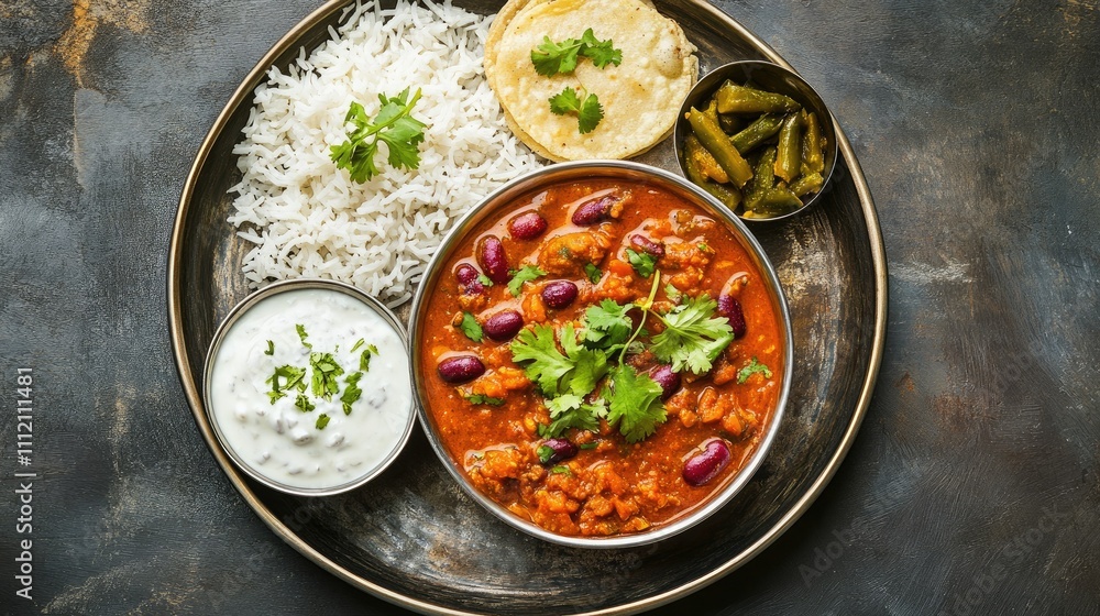 Indian Cuisine Platter with Rice, Beans, Yogurt, and Raita Indian Cuisine Platter with Rice, Beans, Yogurt, and Raita