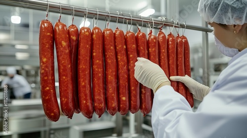 Food factory worker inspecting sausages hanging on rack photo