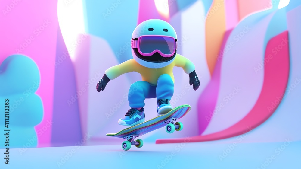 A cartoon character is skateboarding in a colorful, abstract world. A cartoon character is skateboarding in a colorful, abstract world.
