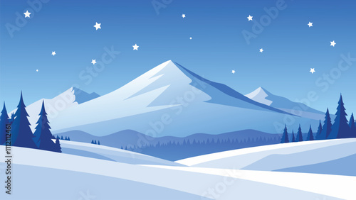Snowy landscape featuring trees and patches of grass blanketed in white snow under a clear sky. flat vector illustration