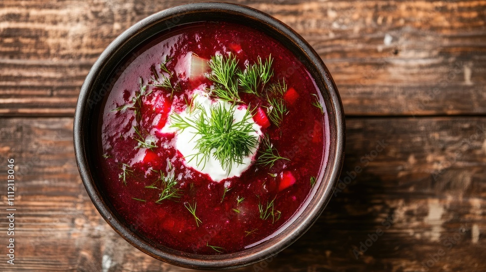 Fresh Beetroot Soup Garnished with Dill and Cream on Rustic Table Fresh Beetroot Soup Garnished with Dill and Cream on Rustic Table