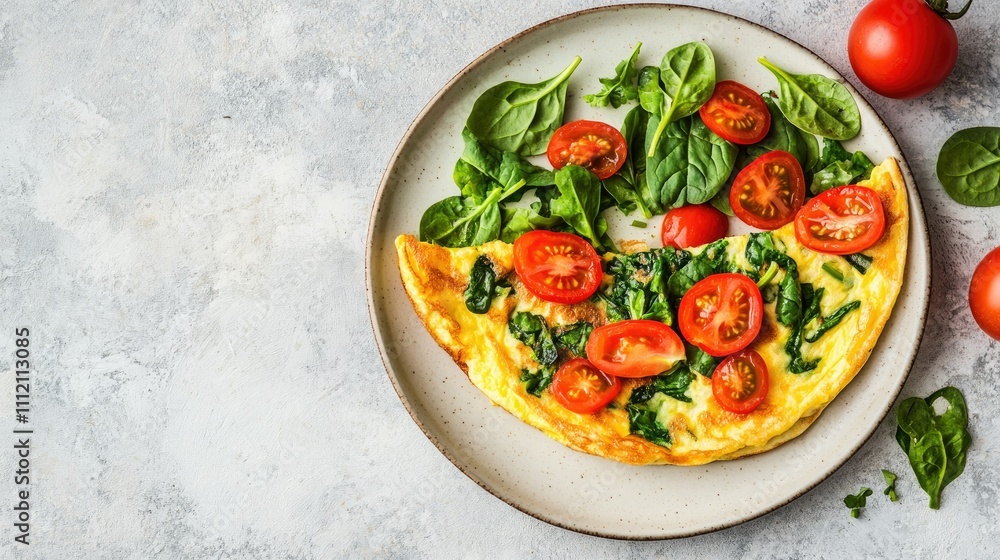 Colorful Spinach and Tomato Omelette Served on a Neutral Plate Colorful Spinach and Tomato Omelette Served on a Neutral Plate