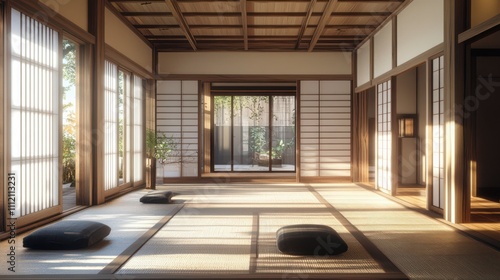 Japanese traditional house interior building architecture with shoji dividers and tatami. Intresting perspective