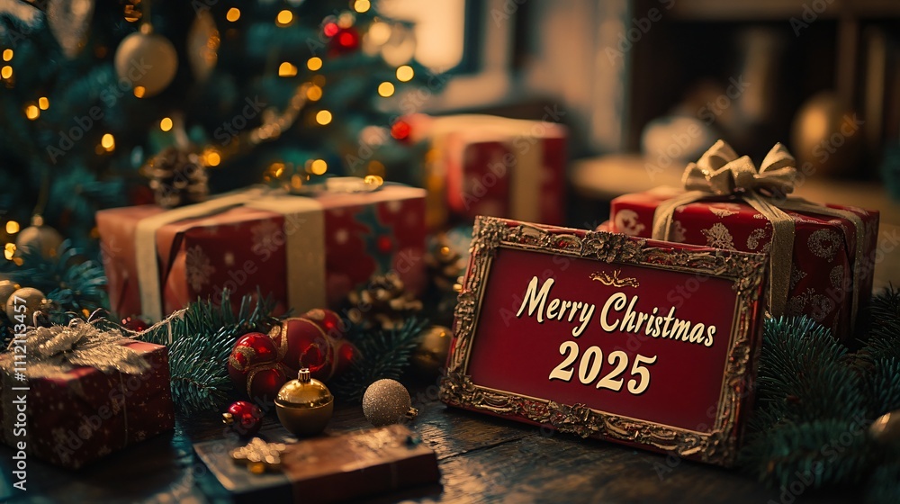 Traditional Christmas card with gifts and greeting text Traditional Christmas card with gifts and greeting text