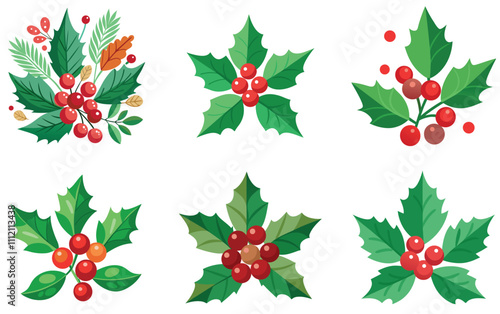 christmas berry leaves voctor white background