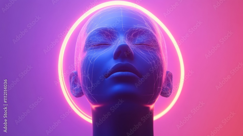 Neon Serenity: A striking sculpture of a human head glows within a halo of neon light, the artwork evoke a sense of futuristic tranquility and technological transcendence. Neon Serenity: A striking sculpture of a human head glows within a halo of neon light, the artwork evoke a sense of futuristic tranquility and technological transcendence.