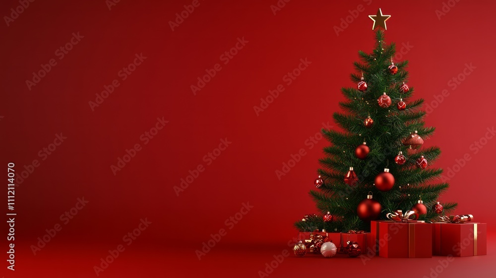 christmas tree with christmas toys, on a red christmas background, christmas tree with christmas toys, on a red christmas background,