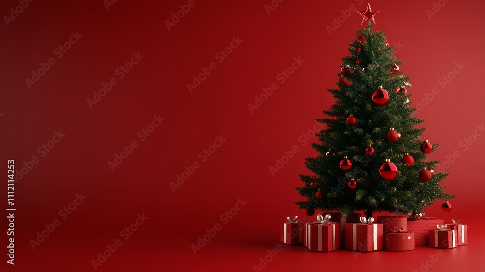 christmas tree with christmas toys, on a red christmas background, christmas tree with christmas toys, on a red christmas background,