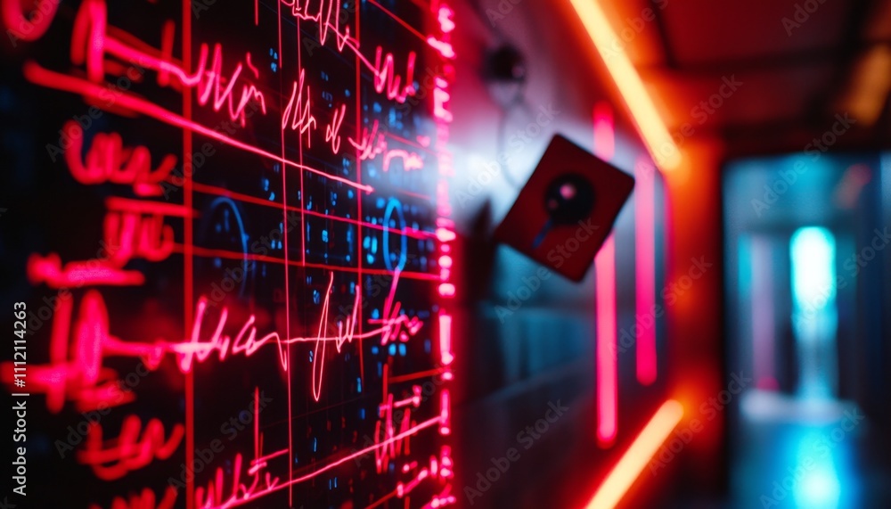 Obraz premium A close-up view of a neon-lit control panel featuring vibrant graphs and data displays.