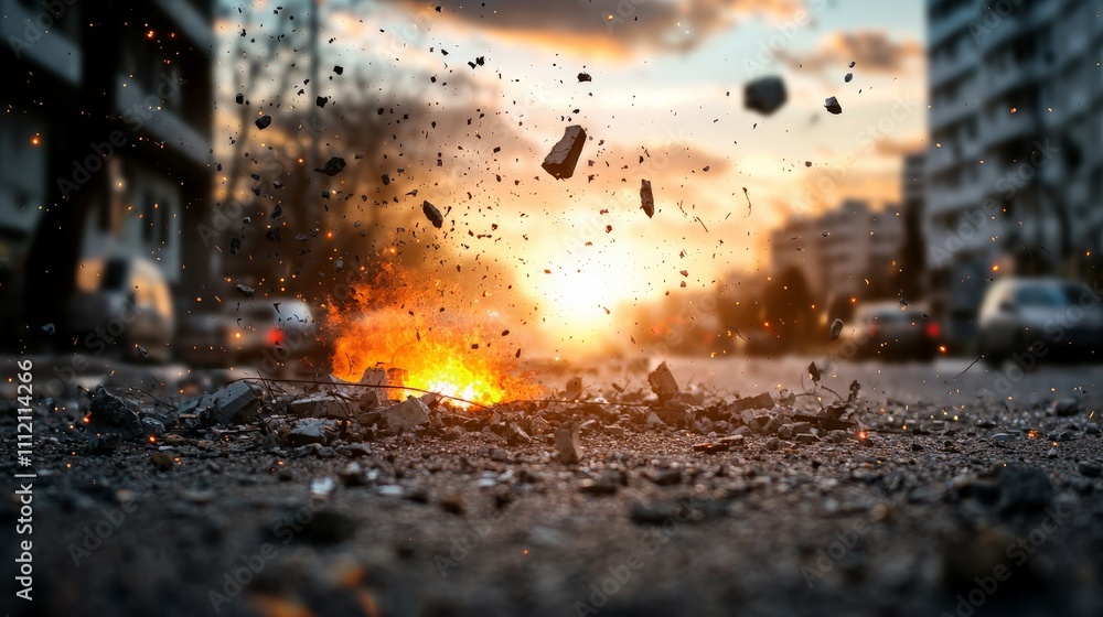 Fototapeta premium nuclear war military catastroph concept. Explosion at sunset with debris and urban backdrop.